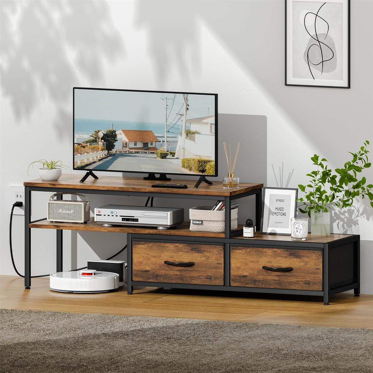 LunarLight ローボード テレビ台 伸縮・回転自在 テレビボード テレビラック 幅80-150奥行き30高さ38cm 2口コンセント付スライド蓋式 左右レイアウト コーナー設置スタイル 角度自由 引き出し 棚付き 大容量収納 24/28/32インチテレビ対応 高さ調節脚 保護フェルト 総耐荷重7｜ESSライフスタイル
