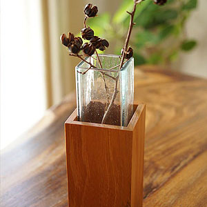 バリガラス＆チークウッド 一輪挿し スクエア ガラス 花瓶 おしゃれ シンプル 木製 北欧 アジアン雑貨 バリ