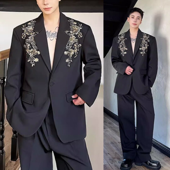 ブラック 刺繍入り テーラードジャケット アルファブリック】テーラードジャケット【セットアップ対応】 A/C