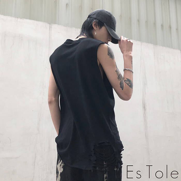 楽天市場 送料無料 Estole ダメージインナーシャツ ノースリーブ タンクトップ 無地 カットソー トップス メンズ シンプル ロック パンク モード ストリート 病み 原宿系 エストール Estole