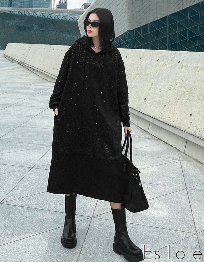 送料無料 Estole ラメロングパーカー パーカーワンピース ロング パーカーワンピ プルオーバー ビッグシルエット オーバーサイズ Aライン ロング丈パーカー スリット 長袖 パンク ロック ストリート系 青文字系 レディース モード系 原宿系 エストール