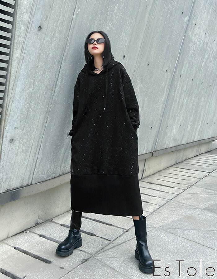 送料無料 Estole ラメロングパーカー パーカーワンピース ロング パーカーワンピ プルオーバー ビッグシルエット オーバーサイズ Aライン ロング 丈パーカー スリット 長袖 パンク ロック ストリート系 青文字系 レディース モード系 原宿系 エストール