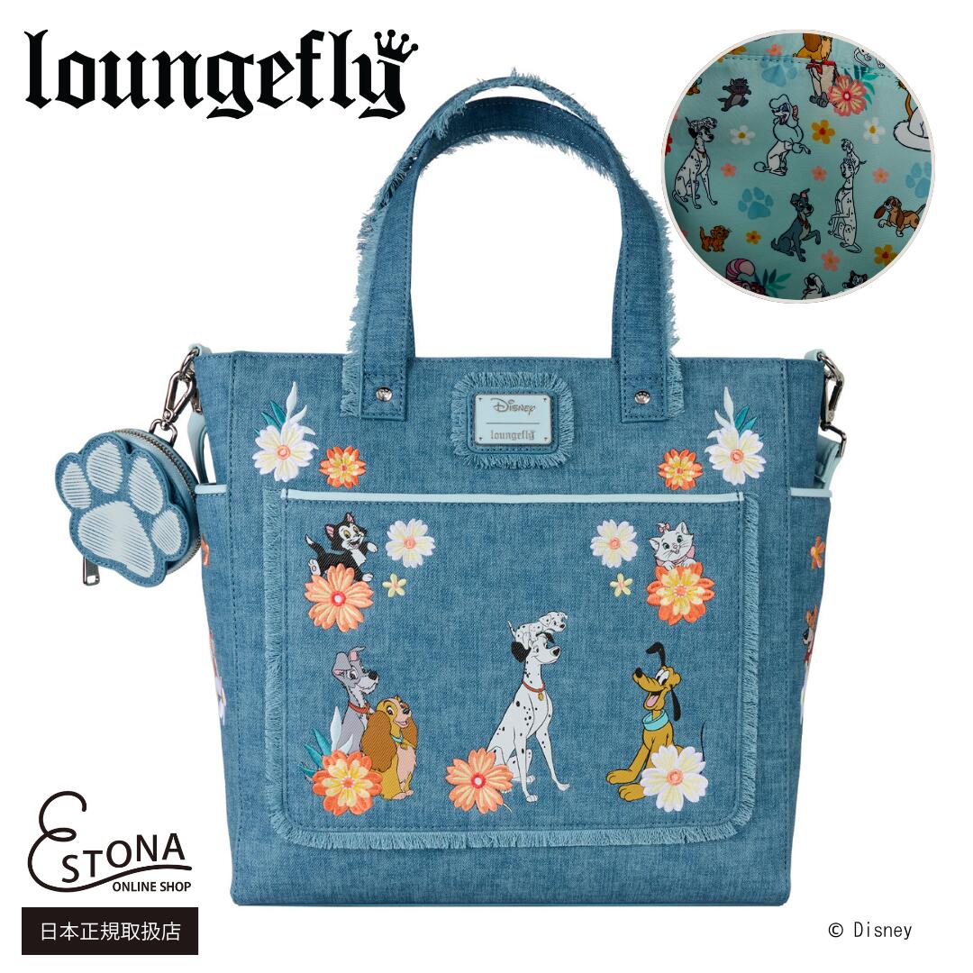 【Loungefly堅苦しさ】DISNEY DOGS \u0026 CATS FAUX DENIM CONVERTIBLE TOTE BAG WITH COIN BAG 待ち合い室飛球 ウォルトディズニー プルート わんわん謂われ因縁 101匹わんお父ちゃん 今めかしい猫 チャシャ猫 トートバッグ コインケース ジーンズ出どころ