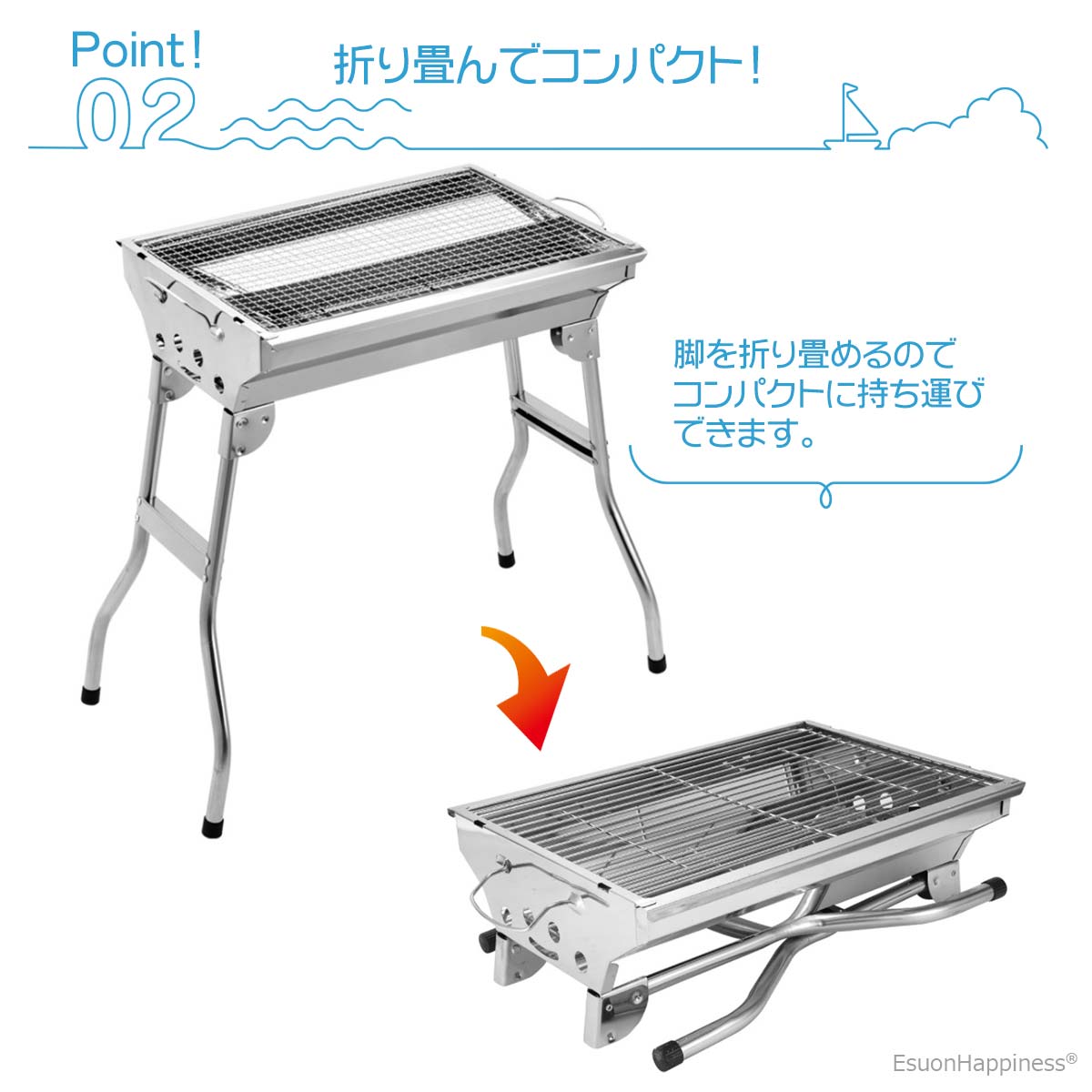 楽天市場 バーベキューコンロ 折り畳み式 ステンレス 2 4人用 47 5cm 34cm Bbq コンロ 4点セット 収納 持ち運び 便利 焼肉 網焼き アウトドア キャンプ 送料無料 Esuonangel