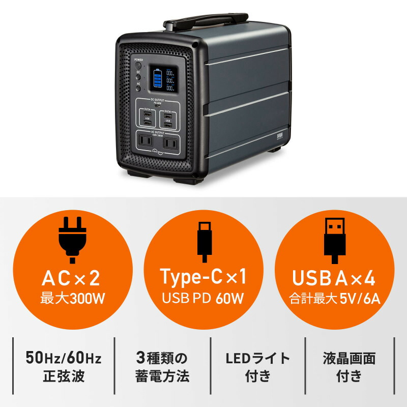 ポータブル電源 500Wh 正弦波AC300W出力 USB PD最大60W USB Type-C出力