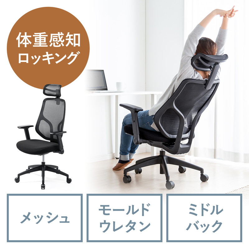 メッシュチェア 体重感知式ロッキング ミドルバック ヘッドレスト 可動式アームレスト モールドウレタン座面 ブラック EZ15-SNCM032BK