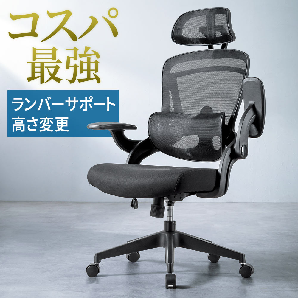 【期間限定セール】デスクチェア メッシュチェア オフィスチェア ランバーサポート 高さ調整 左右可動 跳ね上げ式アームレスト ヘッドレスト ロッキング ハイバック ブラック EEX-CHM06BK｜イーサプライ　店