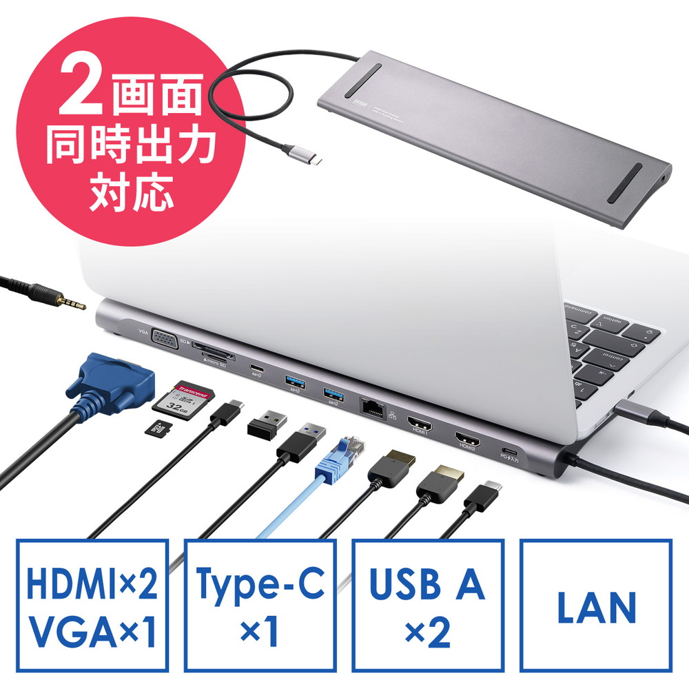 ドッキングステーション USB-C 2画面出力 HDMI×2 + VGA フルHD スタンド型 PD100W 11in1 USBハブ ケーブル一体型 EZ4-VGA028