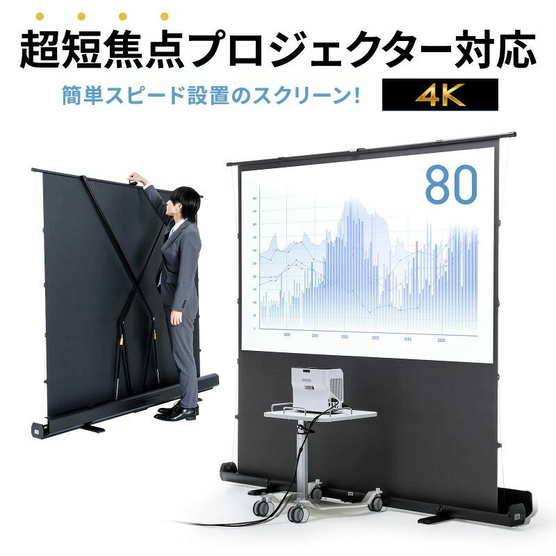 プロジェクタースクリーン 80インチ 自立式 超短焦点対応 床置き パンタグラフ 16:9 PRS-YPT80HDT サンワサプライ｜イーサプライ　店