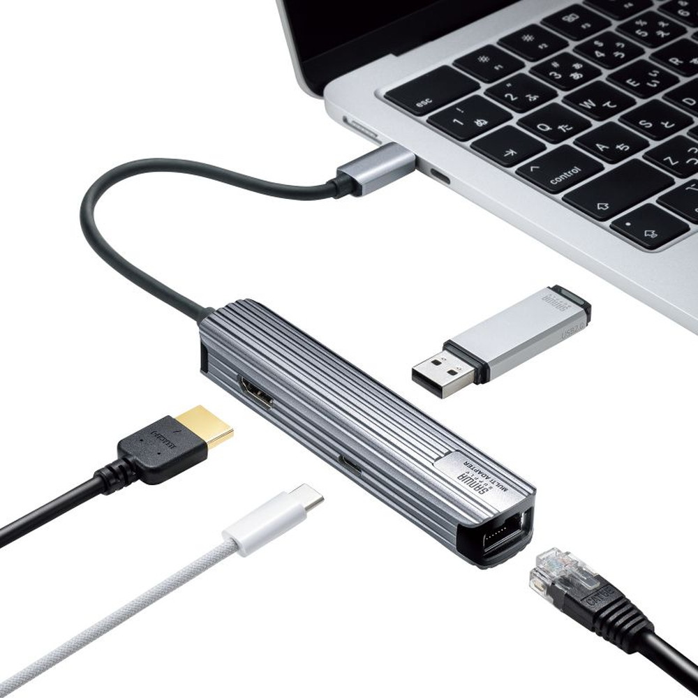 【訳あり 新品】USB Type-Cマルチ変換アダプタ HDMI LAN USB Type-C PD対応 iPhone15 iPhone15plus USB-3TCHLP7S サンワサプライ ※箱にキズ、汚れあり