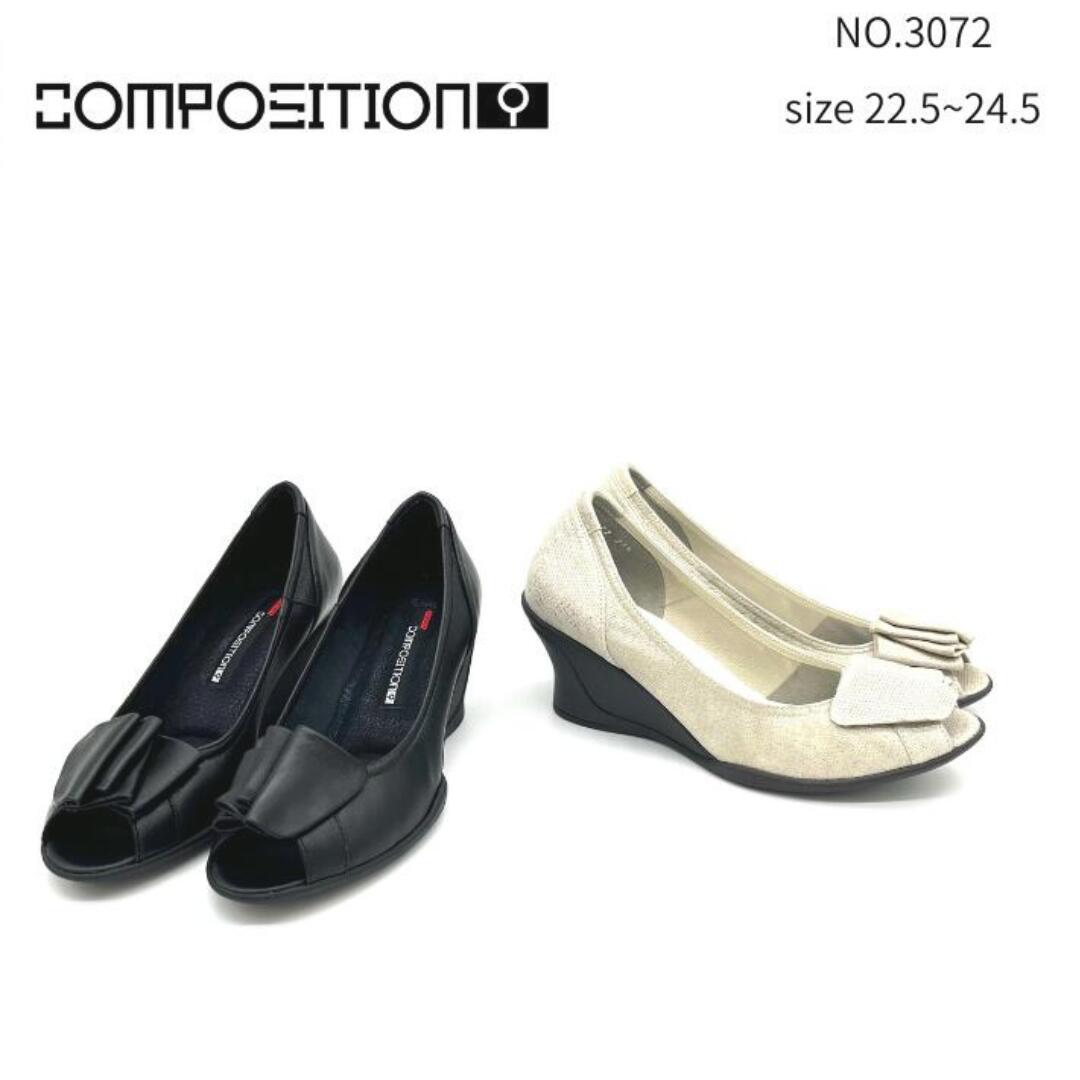 定価から50%OFF コンポジションナイン composition9 3072 パンプス コンフォート スタイリッシュ シューズ リボン モチーフ ウェッジ ブラック レディース 日本製 本革 レザー ウェッジヒール 婦人靴 仕事 通勤 スエード 履きやすい 痛くない ブラック ゴールド|エテルナ靴バッグ店