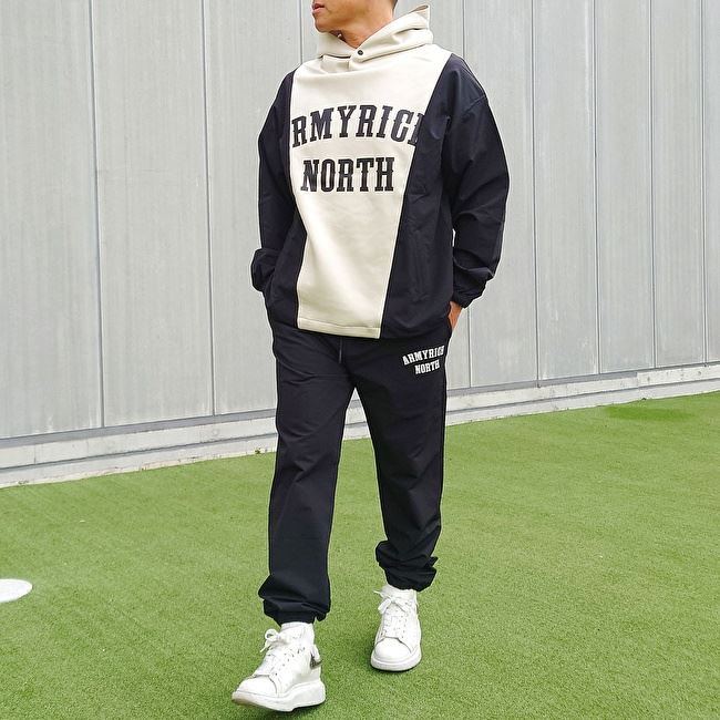 ARMYRICH アーミーリッチ ドッキングパーカーセットアップ BLK (黒いこと) 春服 夏服 春夏 上下仕掛ける ボンディング×ナイロン うつり変わり 汗水 形づくるお召しもの お部屋お召しもの 体育館 運動競技 ゴルフ 伸ばすこと原料品 成年者心地よい ティーシャツ
