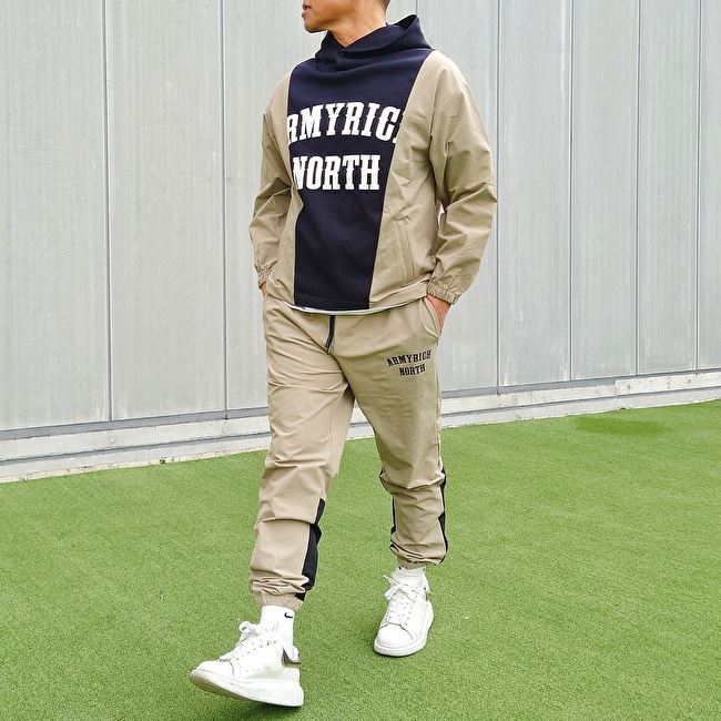 ARMYRICH アーミーリッチ ドッキングパーカーセットアップ GREIGE (グレージュ) 春服 夏服 春夏 上下仕掛ける ボンディング×ナイロン うつり変わり 汗水 形づくるお召しもの お部屋お召しもの 体育館 運動競技 ゴルフ 伸ばすこと原料品 成年者心地よい ティーシャツ
