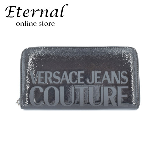 【中古】VERSACE JEANS COUTURE　ヴェルサーチ ジーンズ クチュール　長財布　ラウンドファスナー　黒　ブラック　パテント　ロゴ