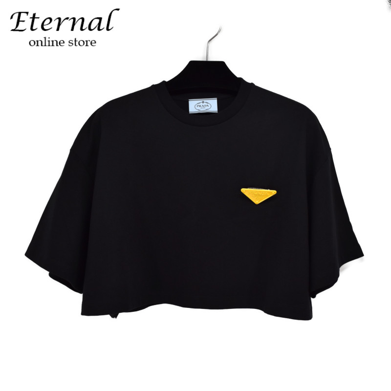 PRADA クロップド丈　Tシャツ 大注目】PRADA◇クロップド丈 Tシャツ ボーダー 七分袖 ロゴ付