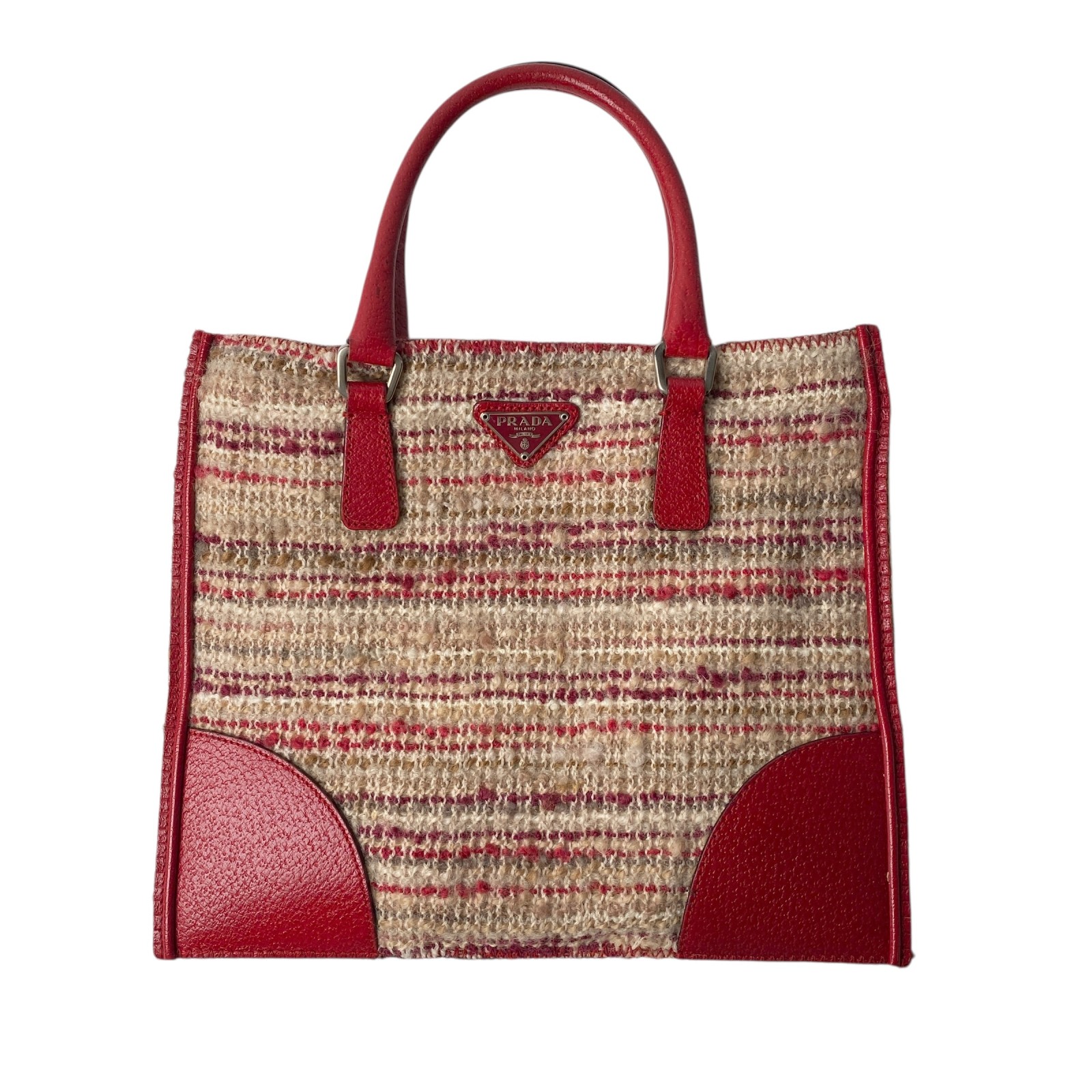 プラダ PRADA レディース ツイード レザー ハンドバッグ 三角ロゴプレート【中古】