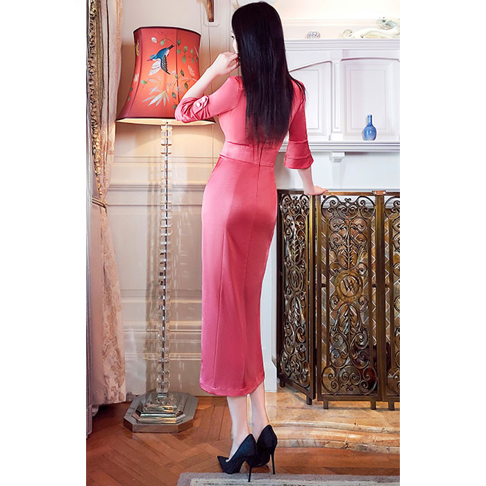 ワンピース きれいめ タイト タイトワンピース おしゃれ エレガント 七分袖 7分袖 スリット セクシー セクシーワンピース ハイウエスト ミモレ 膝下 ドレス クラブ キャバ 綺麗 大人 スタイル ハイウエスト 細見え 細く見える 着痩せ 色気 30代 韓国 服 ピンク 春夏 春 夏