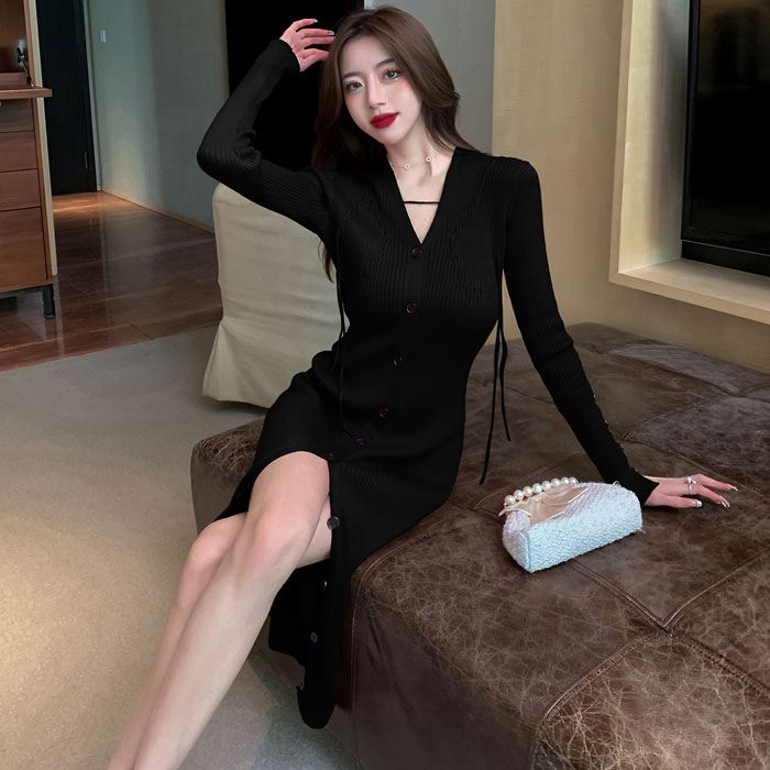 ワンピース ニット ニットワンピース ニットワンピ 長袖 ミディアム ミモレ おしゃれ きれいめ 大人 スタイル カジュアル セクシーワンピース タイト タイトワンピ タイトワンピース デート 色気 スナック 韓国服 韓国 服 服装 黒 赤 秋ワンピース 秋冬物 秋服 冬服 秋 冬