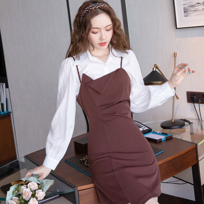 ワンピース セットアップ アンサンブル おしゃれ 長袖 ショート ブラウス 襟 きれいめ キレイめ おしゃれ 大人 スタイル 細見え 色気 スナック キャバ お水 デート かわいい 可愛い レディース 30代 40代 韓国 服 服装 黒 白 ブラウン 秋ワンピース 秋