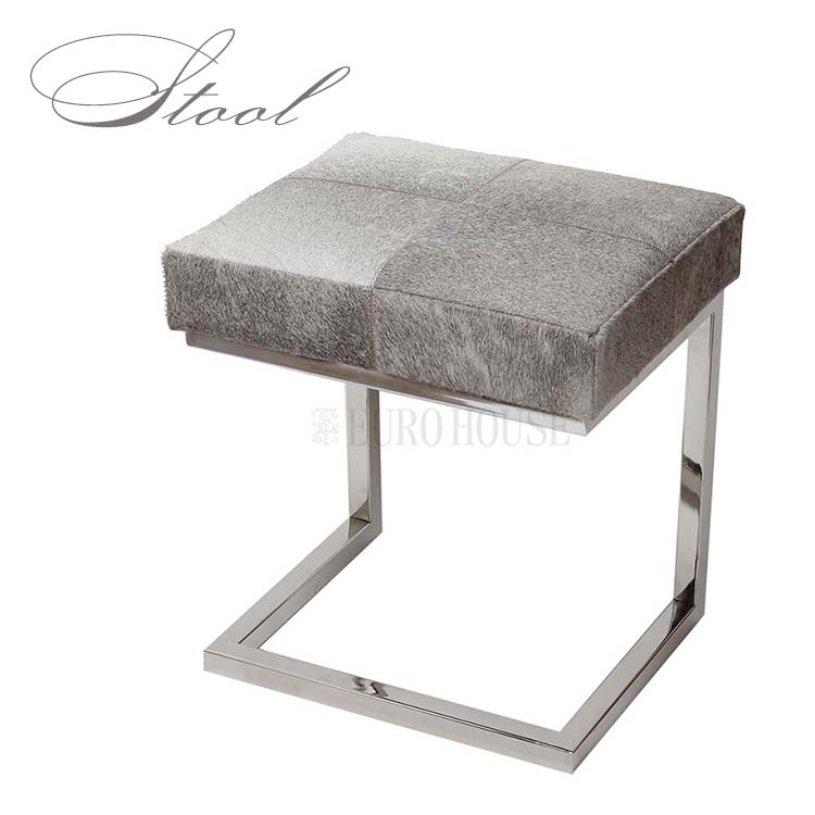 【送料無料】リアルファースツール stool W40 D33 グレー スツール Calf Stool 毛皮 牛革 天然素材 スチール メッキ ウレタン soco｜輸入家具・インテリア　EURO HOUSE