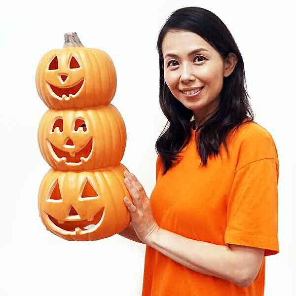 ハロウィン 装飾　パンプキンLEDランタン　3連　H46cm/動画有
