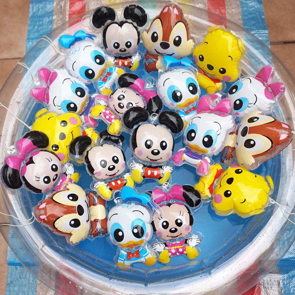 ディズニービニール人形エアーヨーヨー釣りイベント大会セット　45個+予備3個（丸プール　釣竿2本付) / 動画有 / ビニールヨーヨー キャラクター 縁日 お祭り