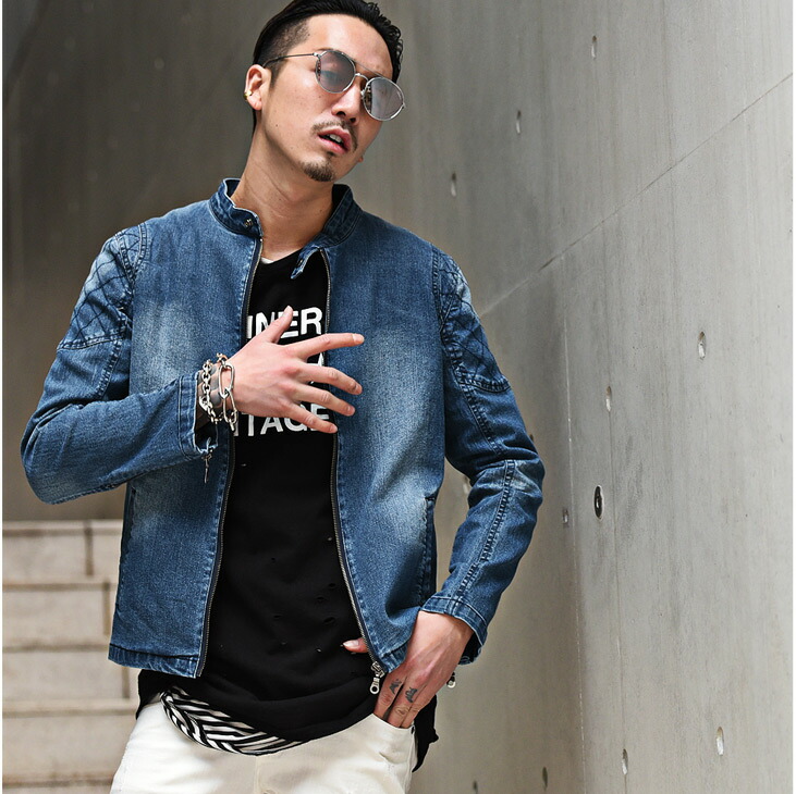 楽天市場 ライダースジャケット メンズ シングル デニムライダース ストレッチデニム シングルライダース ケミカルウォッシュ お兄系 オラオラ系 Bitter ビター系 Joker ジョーカー Joker