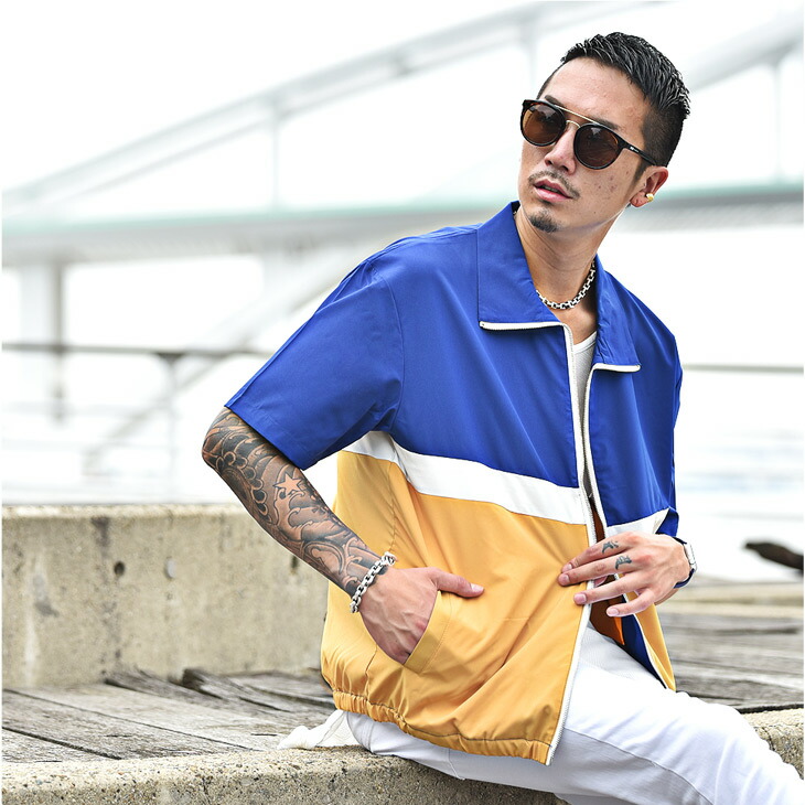 楽天市場 ジャケット メンズ スイングトップジャケット スイングトップ シャツ 半袖 切り替え ジップ 羽織り レトロ グレー ネイビー メンズ ファッション メンズファッション サーフ系 お兄系 オラオラ系 Bitter ビター系 Joker ジョーカー Joker