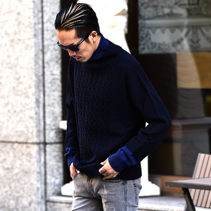 楽天市場 ニット メンズ セーター メンズ タートルネック ケーブルニット タートル モックネック 重ね着風 ニット レイヤード 重ね着 ブラック 長袖 無地 服 お兄系 サーフ系 ストリート系 オラオラ系 Bitter ビター系 ジョーカー Joker Joker