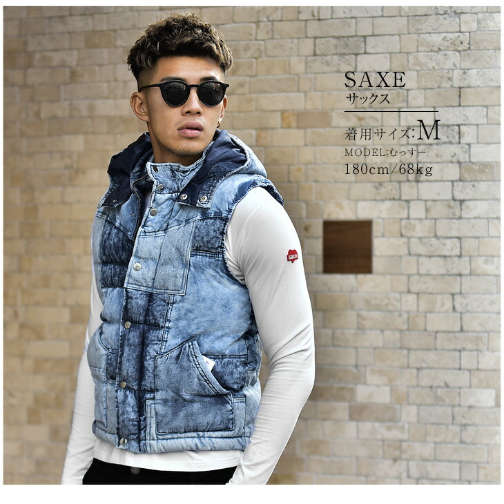 楽天市場 送料無料 ベスト 中綿 中綿ジャケット メンズ ブルゾン アウター ライトアウター デニムベスト 防寒 ネイビー パッチワーク おしゃれ ケミカルウォッシュ パーカー ジャンパー 大きいサイズ Ll Xl 服 冬 冬服 冬物 お兄系 オラオラ系 ビター系 Bitter系 Joker