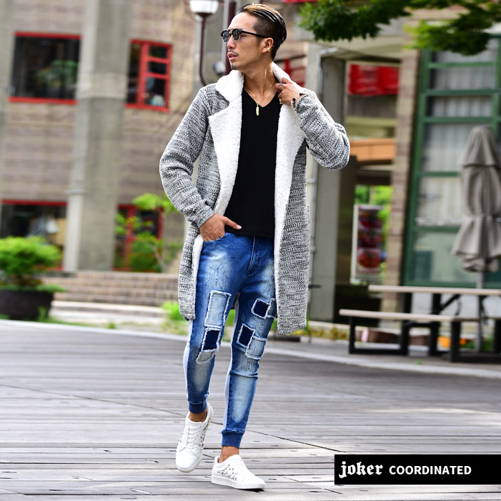 楽天市場 ボアコート ニットコート メンズ カーディガン ライトアウター ロング 薄手 ボア アウター 細身 タイト コート ベージュ 黒 ブラック 白 ホワイト 服 おしゃれ オシャレ ビター系 メンズファッション お兄系 Joker