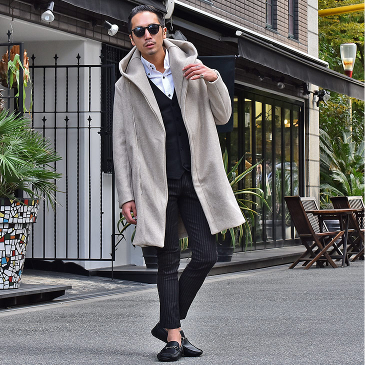 ジャケット Bitter系 オラオラ系 ベージュ ホスト ホスト お兄系 服 アウター ベージュ ロング丈 ブラック メンズ フード コーディガン オラオラ系 付き メンズファッション Joker男をアゲる この存在感 メルトンフーデッドコート きれいめ メルトン ビター 黒