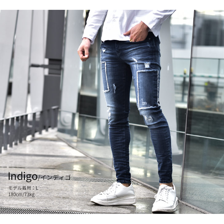 楽天市場 デニムパンツ メンズ デニム ジーンズ ジーパン パンツ スキニーパンツ スキニーデニム スキニージーンズ ブルー ストレッチ 細め タイト お洒落 オシャレ カッコいい 細め パッチワーク ダメージ加工 春 春服 春物 春夏 お兄系 ビター系 オラオラ系 Diviner