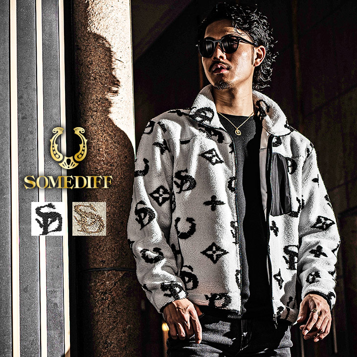 楽天市場 ボアジャケット メンズ ジャケット ボア ボアブルゾン ベージュ ブランド アウター モノグラム 白 ホワイト 韓国 ストリート カジュアル ブルゾン 暖かい 防寒 切り替え ちょいワル ビター系 オラオラ系 カッコいい 春 春服 春物 春夏 小さいサイズ S Somediff