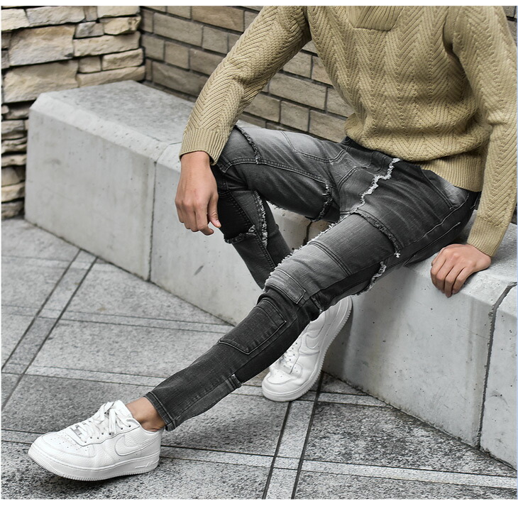 楽天市場 スキニーパンツ メンズ ブラック 黒 スキニー ジーンズ スキニーデニム ブランド ダメージ 加工 ストリート ファッション ストレッチ スキニージーンズ 大きいサイズ Ll Xl ジーパン パッチワーク リペア お洒落 オシャレ タイト 細め コーデ Somediff