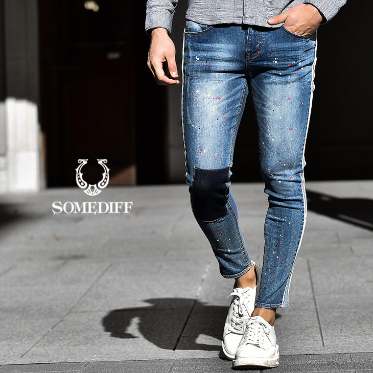楽天市場 スキニー ジーンズ スキニーパンツ メンズ ブラック 黒 スキニーデニム ブランド ダメージ 加工 ストリート ファッション ストレッチ スキニージーンズ 大きいサイズ Ll Xl ジーパン パッチワーク リペア お洒落 オシャレ タイト 細め コーデ Somediff