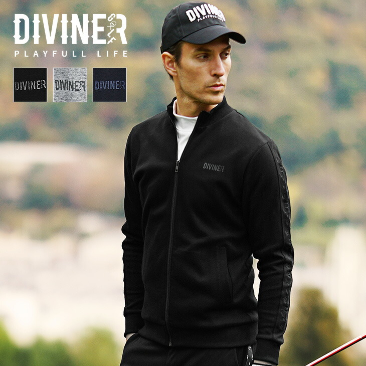 【DIVINER GOLF】 ゴルフウェア メンズ スタンドジャケット 袖刺繍 スムース生地 ゴルフ トップス ジップアップ ライトアウター ブランド スウェット 杢グレー ブラック ネイビー 大きいサイズ XL XXL ジョーカー JOKER ディバイナーゴルフ｜joker 7,810円