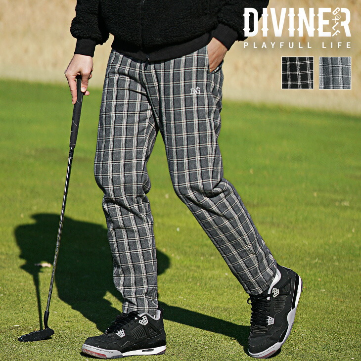 【DIVINER GOLF】 ゴルフウェア メンズ チェックパンツ ブランド ロゴ ボトムス ロングパンツ ストレート ウエストゴム ベルトループ付き 大きいサイズ XL XXL ブラック グレー メンズファッション JOKER ジョーカー ディバイナーゴルフ|joker