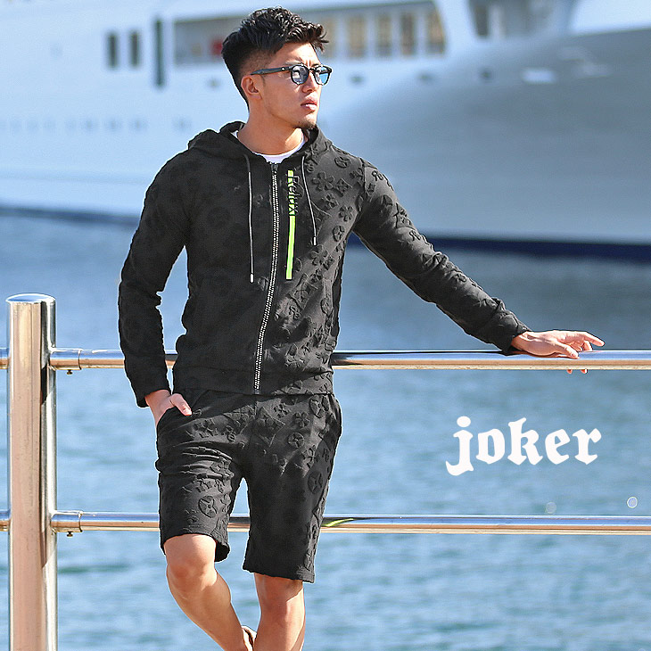 楽天市場 セットアップ メンズ パイル 上下 セット メンズ夏服 総柄 ショートパンツ ハーフパンツ パーカー 白 黒 ホワイト ブラック ブランド ルームウェア 部屋着 夏 夏服 夏物 ワンマイルウェア 大きいサイズ Ll Xl Jorker Joker オラオラ系 お兄系 ビター系 Bitter系