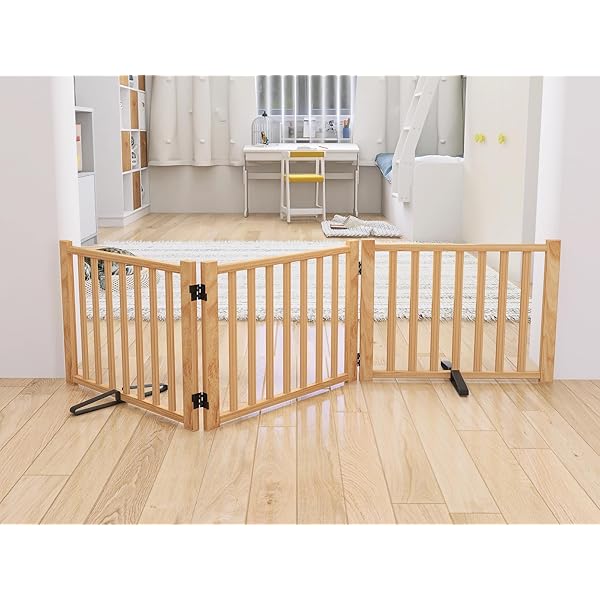 ペットゲート 木製犬ゲート ペットフェンス 高さ43cm 長さ175cm 置くだけゲート折りたたみ 倒れない いぬ 柵 室内 犬脱走防止 飛び出し防止 小型犬 中型犬用 天然木 3枚パネル｜ever-leaf