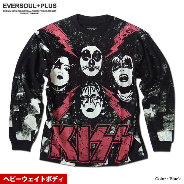 【 KISS APPAREL 正規品 】 キッス ロンT 長袖 Ｔシャツ メンズ 袖 リブ プリント 厚手 ヘビーウェイト 総柄 バンド メンバー イラスト グッズ ゆったり オーバーサイズ ビッグシルエット 大きいサイズ ダンス 衣装【メール便送料無料】