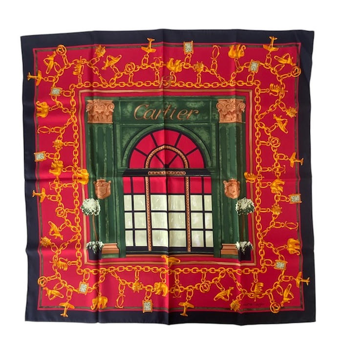 極美品✨カルティエ ツイル シルクスカーフ ダブルC 馬具モチーフ フランス製 色面シルエッ馬車剣先(FET-059L)Marcaオリジナル大判シルク
