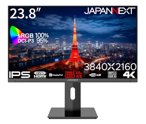 JAPANNEXT 23.8in 管する 4K UHD 3840x2160解像力 IPS 見せびらかす (KVM/HDMI/USB-C 給電