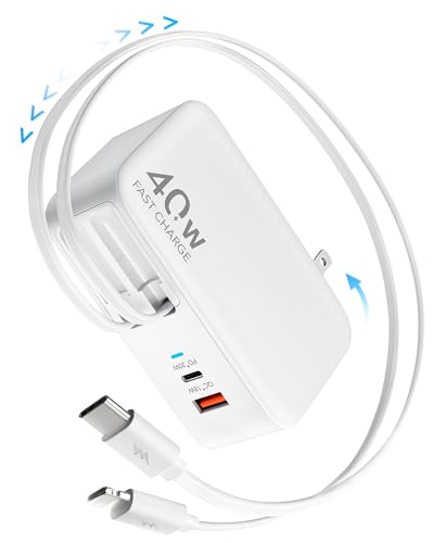 HATALKIN 4in1 自動巻き取り式壁掛け充電器（デュアルUSBポート+ ライトニング/Type-Cケーブル内蔵）高速充電 折りたたみ式プ