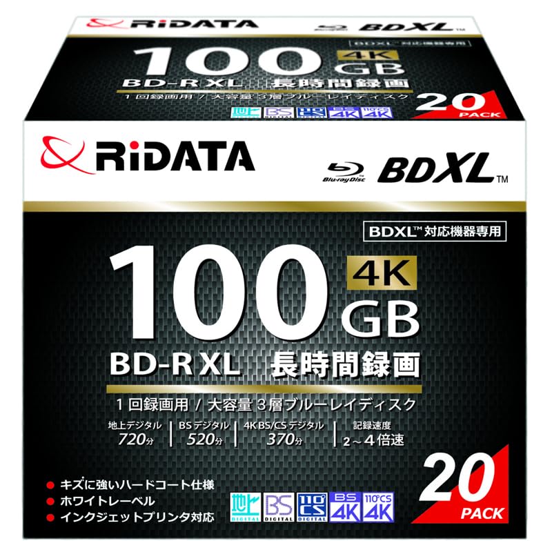RIDATA(ライ知見) 【RiTEK製】1回録画用 ブルーレイディスク BD-R XL 100GB 2-4倍速 ホワイトプリンタブル 片面3 録画・録音用メディア-ブルーレイディスクメディア