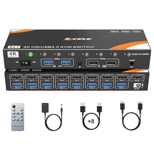 KCEVE 8インプット1最終生産物 KVM取り替えっこ、4K@60サイクル USB3.0相応う、熱っぽい足懸かり\u0026遠隔操作取りまわし、鍵盤 二十日鼠 管するを8パソコンで分かちあう