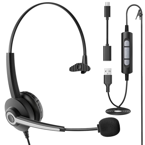 Wantek ヘッドセット USB Type-C 片耳 ノイズキャンセリングマイク付き コールセンター ヘッドセット Skype、Web会議、コ