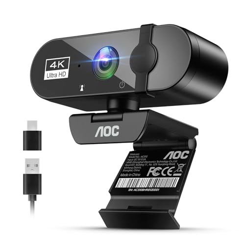 AOC Web写真機 webカメラ 4K マイクロホン付き添い人 【 99°広角 USB即挿即用 】usb写真機 webcam 秘め事取りまかなう ノイズキ