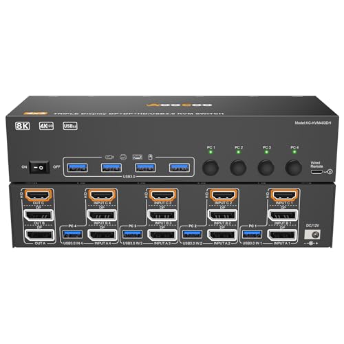 8K KVMうつり変わり器 4パソコン 3管する、鏡鑑/取りひろげる流行り物 HDMI + DP界面 (8K@30サイクル/4k@144サイクル) USB3.0界面