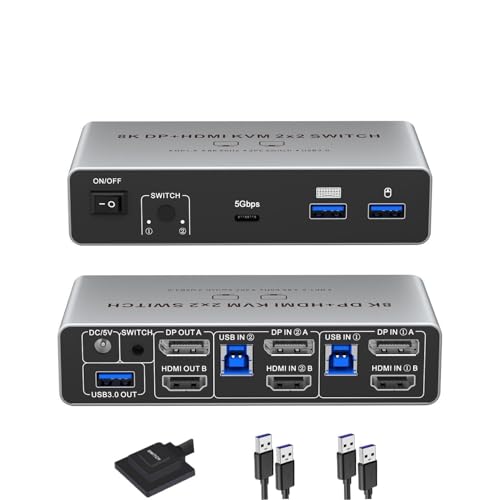 8K@60サイクル HDMI+DisplayPort KVM取り替えっこ 2インプット2最終生産物 パソコン 2台管する2台 KVM うつり変わり器 HDMI2.1 マイコン